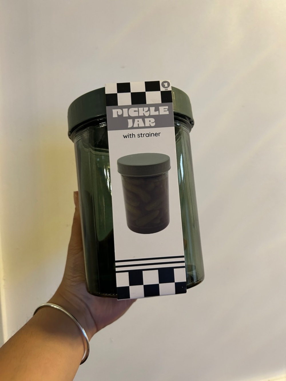 Pickle Jar with Strainer - Green Glass Lid